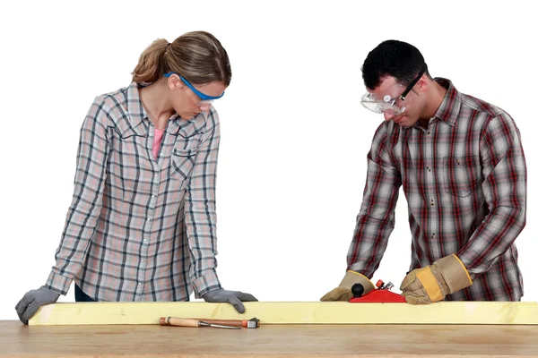 Hantverkerska och hantverkare arbetar tillsammans — Stockfoto