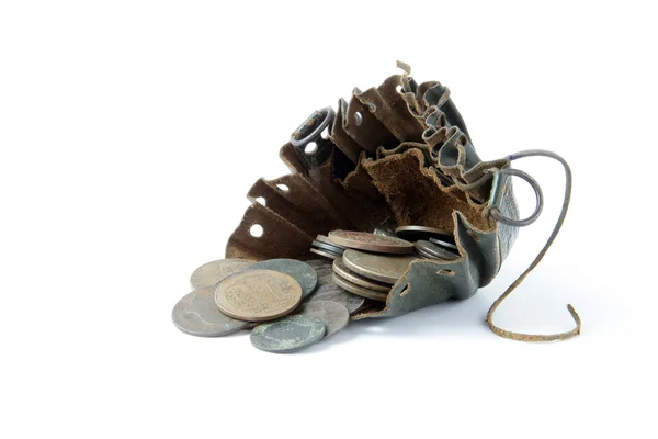 Bolsa de couro com moedas — Fotografia de Stock