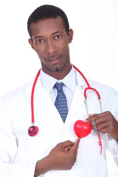 Мужчина-врач стоял с пластиковым сердцем — стоковое фото