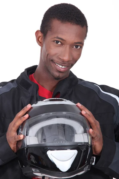 保持ヘルメット レーシング スーツを着た男 — ストック写真