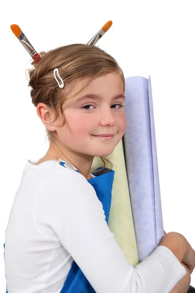 Cute little girl with equipment for home decoration — Stock Photo, Image
