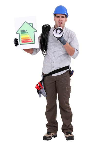 Full-body portrait of electrician with loudspeaker — Stock Photo, Image