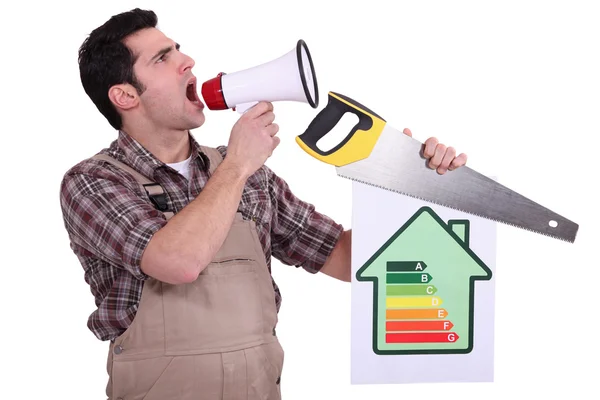 Handyman encouraging to be energy efficient — Stock Photo, Image