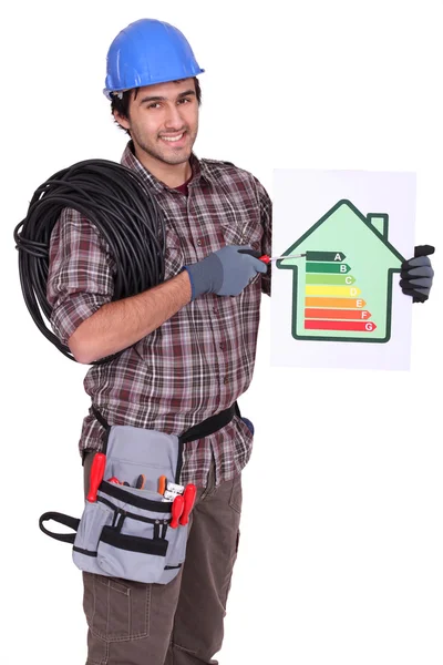 Tradesman apontando para um gráfico de classificação de eficiência energética — Fotografia de Stock