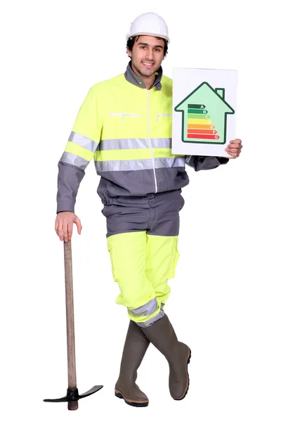 Handsome heating engineer with hand resting on pickaxe — Stock Photo, Image