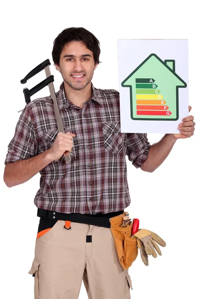 Carpenter with calipers and energy rating guide — Stockfoto