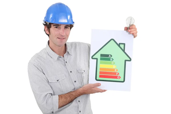 Construtor segurando sinal de classificação de energia — Fotografia de Stock