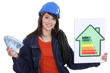 Electrician holding cash and an energy rating sign clipart