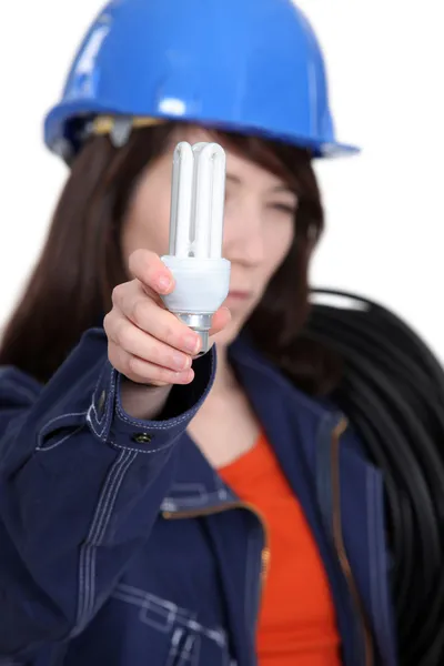 Stock image Electrician holding a compact fluorescent lamp