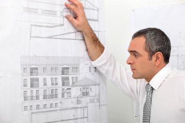 Architect looking at blueprints stuck to wall clipart