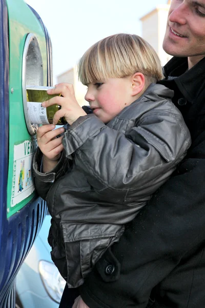 stock image Father and son at a bottle bank