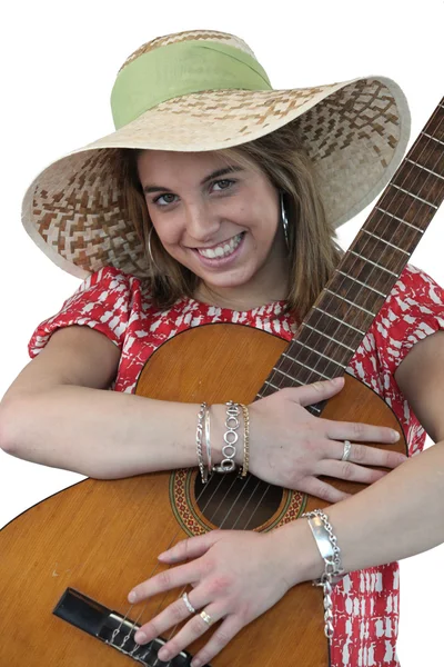 Веселая женщина с гитарой — стоковое фото