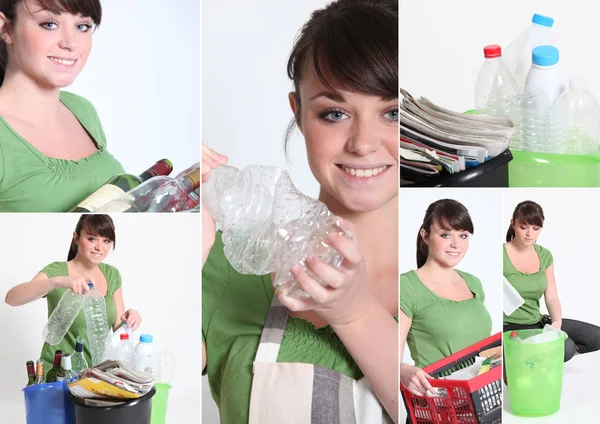 Mosaic of young woman recycling — Stock Photo, Image