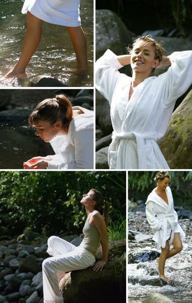 Collage de mujeres relajándose a orillas del río —  Fotos de Stock