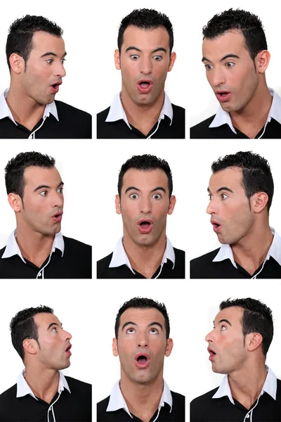 Mosaik av mannen med utseende av förvåning på hans ansikte — Stockfoto