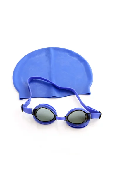 Cuffia e occhiali da bagno blu — Foto Stock