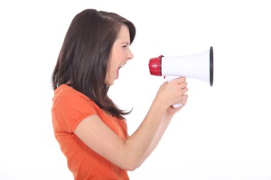 Young woman shouting through a megaphone clipart