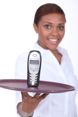 Waitress with tray and phone clipart