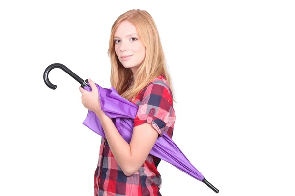 Young redhead with purple umbrella — Stock Photo, Image