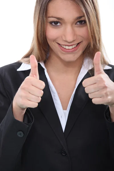 ジェスチャー親指を与えて幸せな女性実業家 — ストック写真