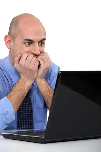 Nadšený holohlavý muž seděl na laptop — Stock fotografie
