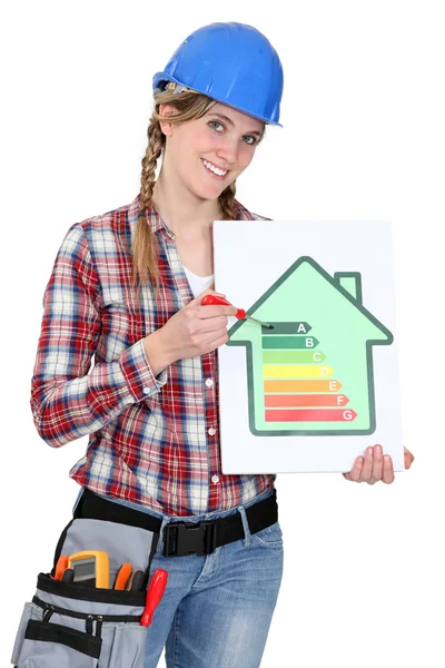 Mulher segurando chave de fenda e cartão de classificação de energia — Fotografia de Stock