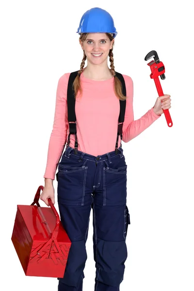 Frau mit Werkzeugkiste — Stockfoto