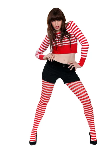 Women dressed in red stripes — Stock Photo, Image