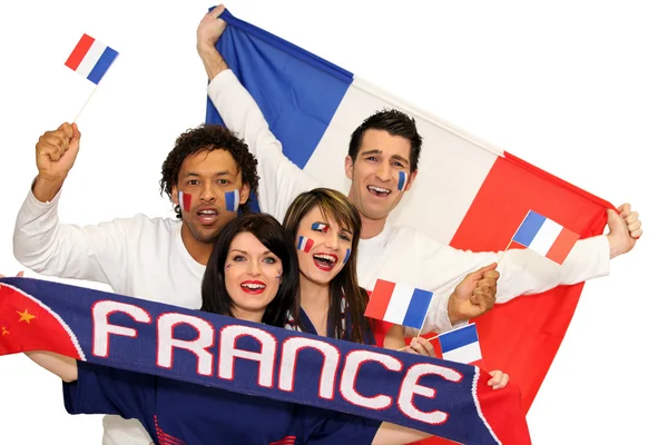 Веселые мужчины и женщины, поддерживающие Францию — стоковое фото