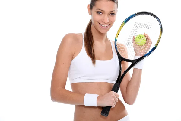 Mujer con raqueta de tenis y pelota — Foto de Stock