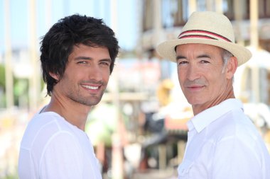 A 25 years old man and a 65 years old man in downtown, atmosphere sounds s clipart