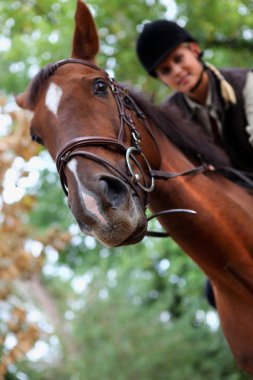 Young woman riding a horse clipart