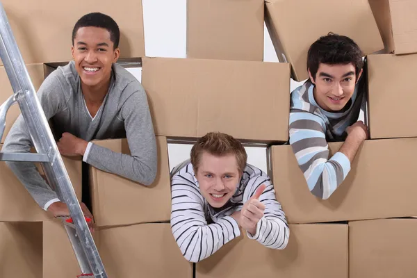 Trio de companheiros de apartamento masculinos se movendo em — Fotografia de Stock