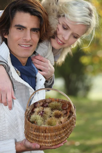 Couple picking chestnuts — Stock Photo, Image