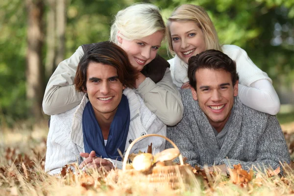 Skupina přátel, položen v trávě podzim — Stock fotografie