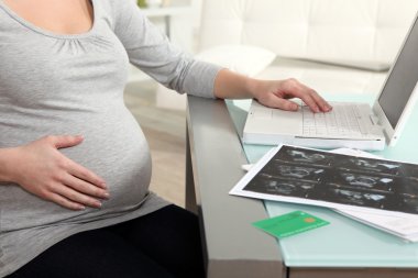 A pregnant woman over a computer. clipart