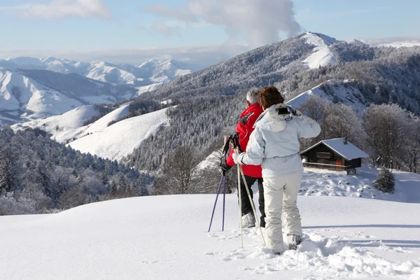 Дорослі стоять у снігу милуючись пейзажем — стокове фото
