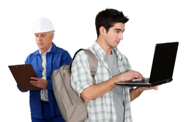 Old fashioned worker stood with teenager clipart