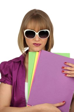 Woman with files and oversized sunglasses clipart