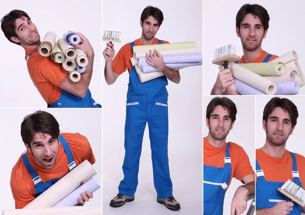Collage de un hombre sosteniendo rollos de papel pintado —  Fotos de Stock