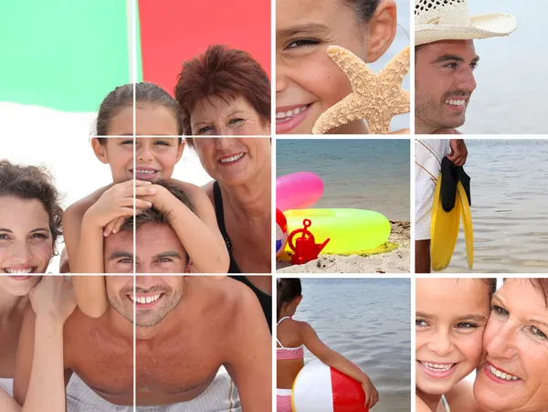 Mosaico de férias em família à beira-mar — Fotografia de Stock
