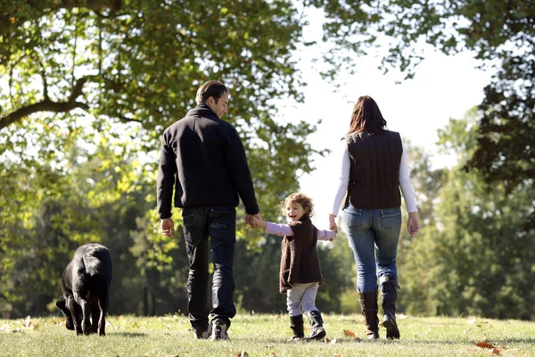 Οικογένεια περπατώντας το σκύλο τους — Φωτογραφία Αρχείου
