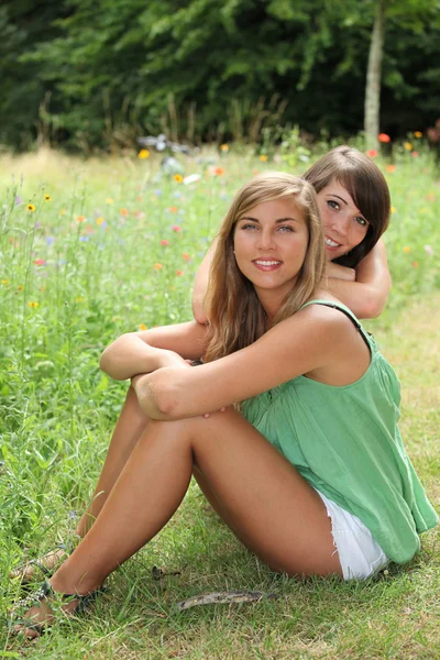 Friends sitting in a field — Stock Photo, Image