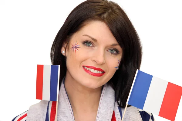 Mujer ondeando banderas francesas —  Fotos de Stock