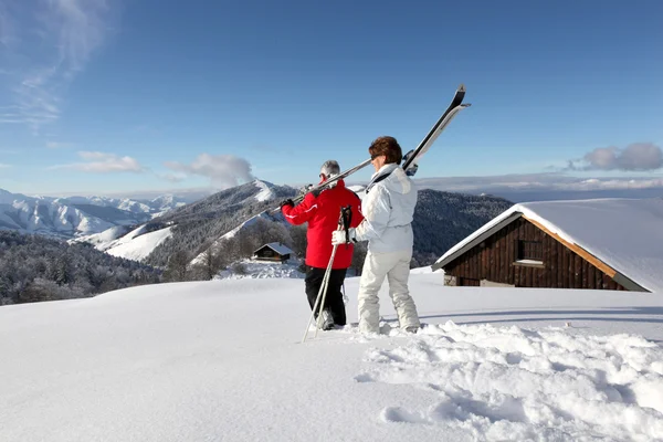 Casal sênior em paisagens nevadas — Fotografia de Stock