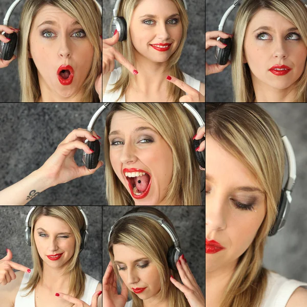 Blondine mit rotem Lippenstift und Headset in auffälligen Posen — Stockfoto