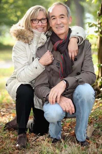 Ehepaar mittleren Alters geht im Park spazieren Stockbild