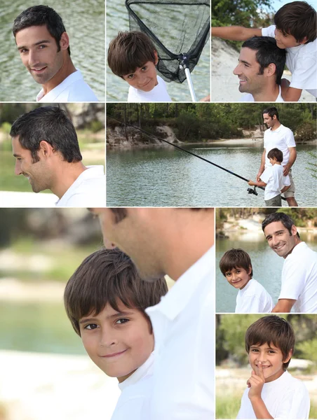 Collage av man fiskar med liten pojke — Stockfoto
