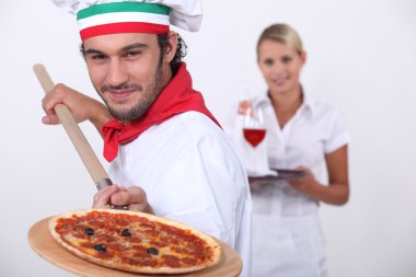 Pizza cook and a waitress clipart