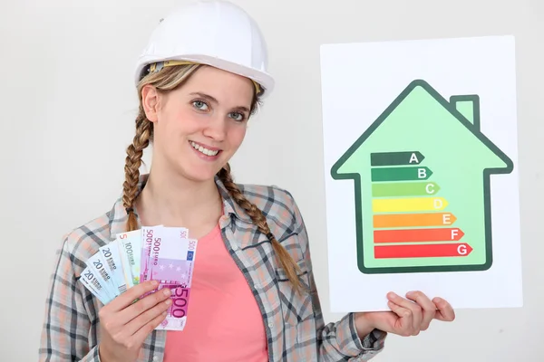 Žena držící hotovost a energetickou kartu — Stock fotografie